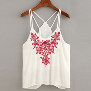 Summer Fashion Women Ladies Sexy Embroidered Sleeveless Tops