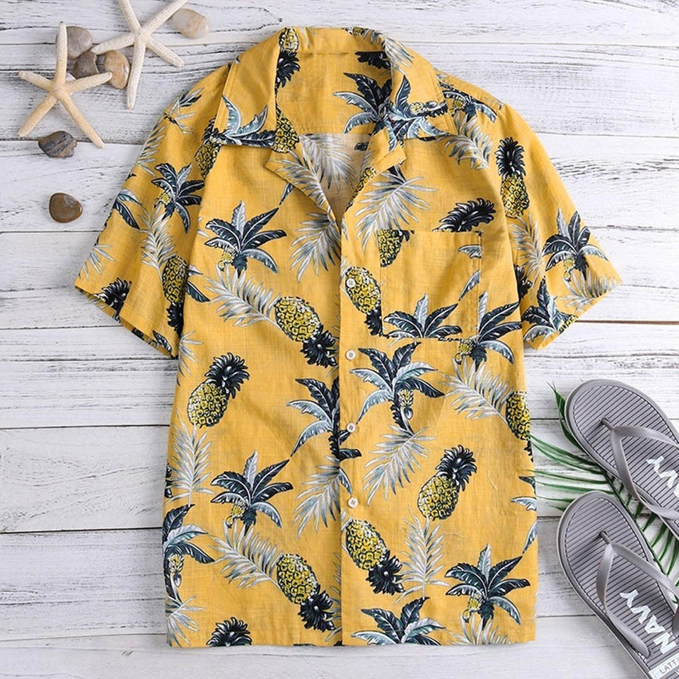 Men Summer Fashion Fruit Print Button Slim Fit Short Sleeve Shirt Man Shirts