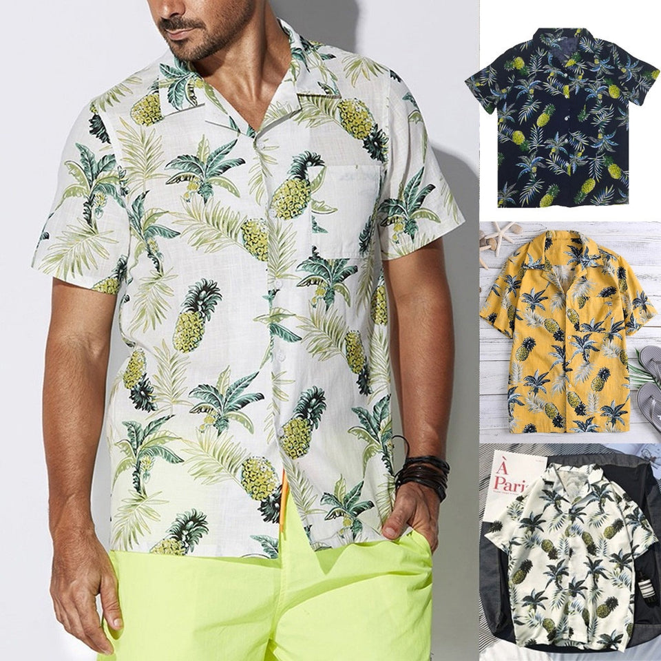 Men Summer Fashion Fruit Print Button Slim Fit Short Sleeve Shirt Man Shirts