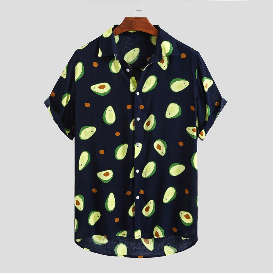 Hawaiian Shirts Mens Funny Avocado Printed Turn Down Collar Short Sleeve Casual Shirts Men