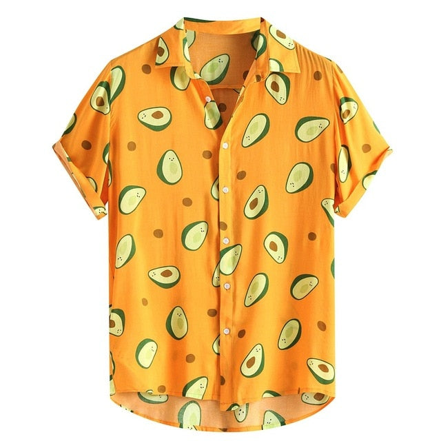 Hawaiian Shirts Mens Funny Avocado Printed Turn Down Collar Short Sleeve Casual Shirts Men