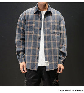 Plaid High Quality Janpan Style  Spring Long Sleeve Shirt Men