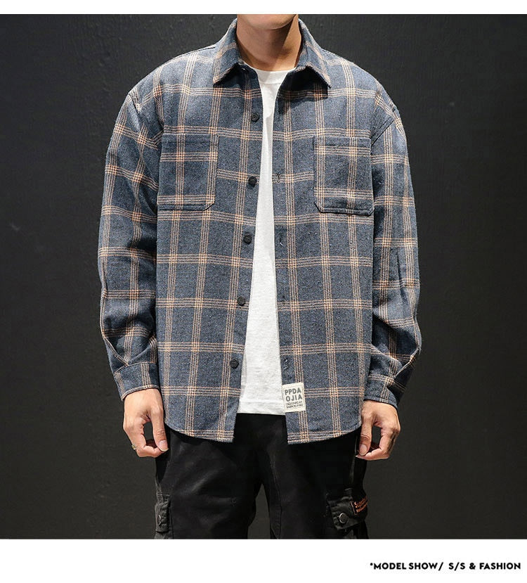 Plaid High Quality Janpan Style  Spring Long Sleeve Shirt Men