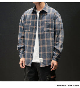 Plaid High Quality Janpan Style  Spring Long Sleeve Shirt Men