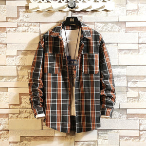 Plaid High Quality Janpan Style  Spring Long Sleeve Shirt Men