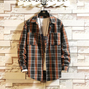 Plaid High Quality Janpan Style  Spring Long Sleeve Shirt Men