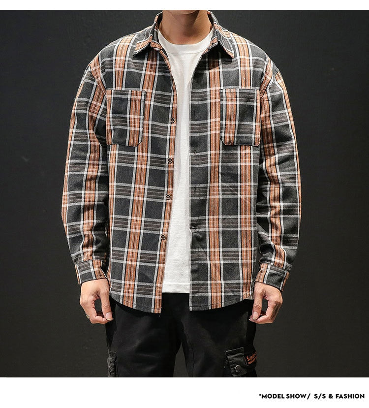 Plaid High Quality Janpan Style  Spring Long Sleeve Shirt Men