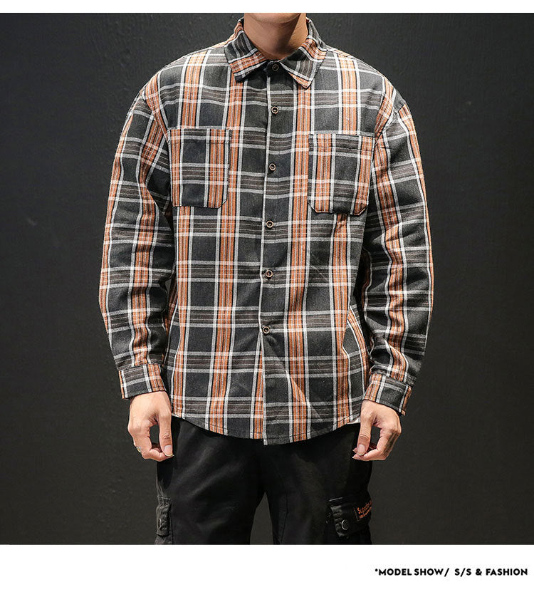 Plaid High Quality Janpan Style  Spring Long Sleeve Shirt Men