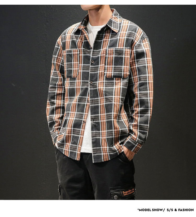 Plaid High Quality Janpan Style  Spring Long Sleeve Shirt Men