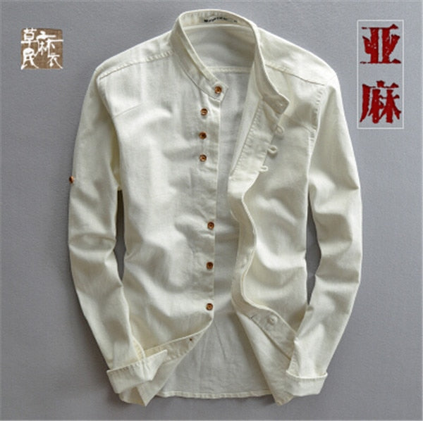Man Summer Linen Long Sleeve Shirt Chinese Style Vintage Fashion Male Shirts