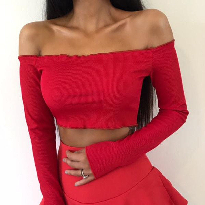 Sexy Cotton Blend Crop Top Autumn Off Shoulder Black Red Crochet Women