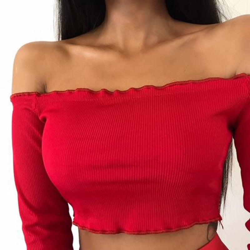 Sexy Cotton Blend Crop Top Autumn Off Shoulder Black Red Crochet Women