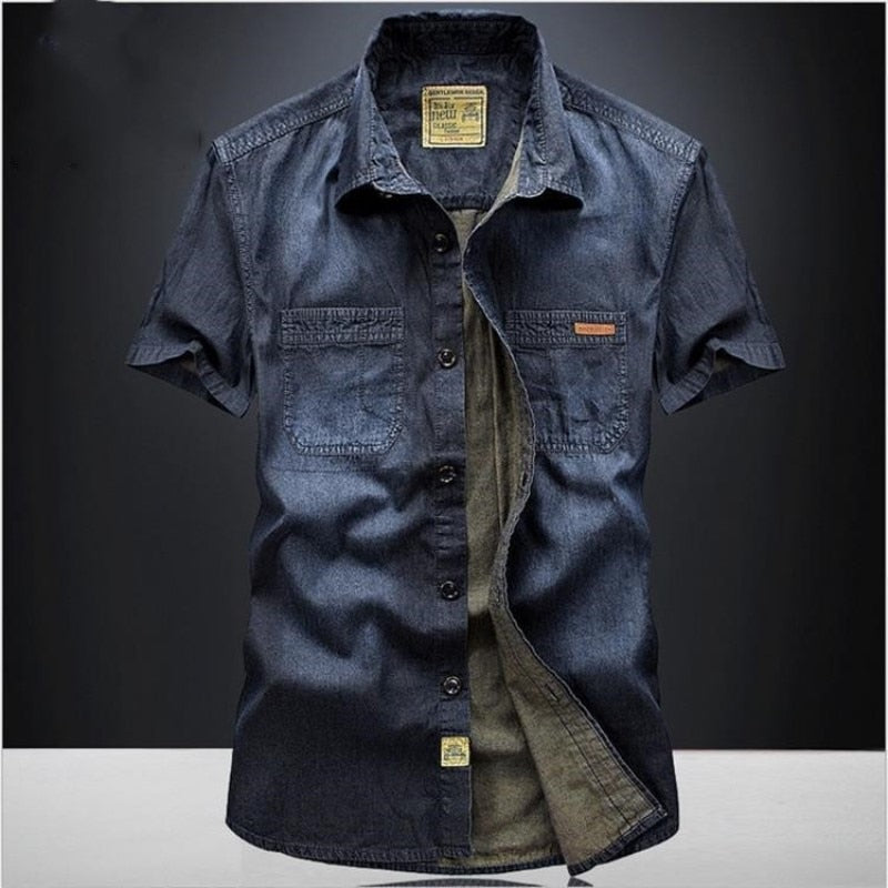 Nianjeep Casual Shirts Solid  High Quality Summer Denim Shirt Men Short Sleeve Casual Shirts