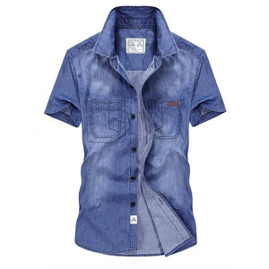 Nianjeep Casual Shirts Solid  High Quality Summer Denim Shirt Men Short Sleeve Casual Shirts