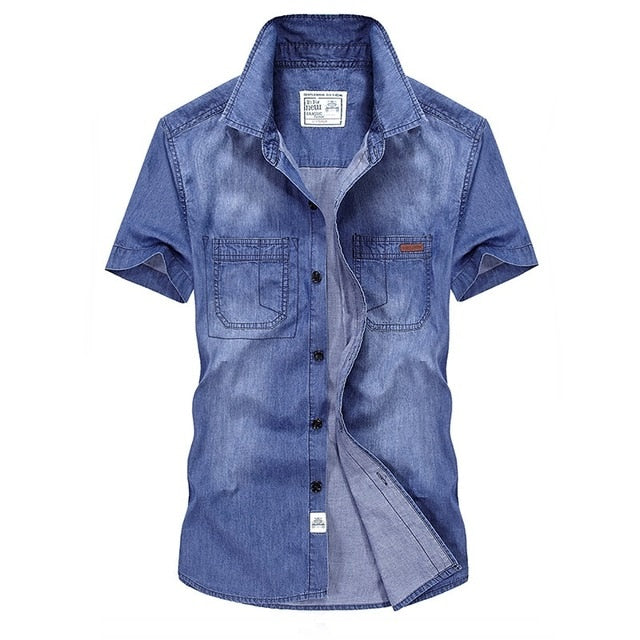 Nianjeep Casual Shirts Solid  High Quality Summer Denim Shirt Men Short Sleeve Casual Shirts