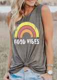 Plus Size Summer Tank Tops Women Good Vibes Print Gray O-Neck Tank