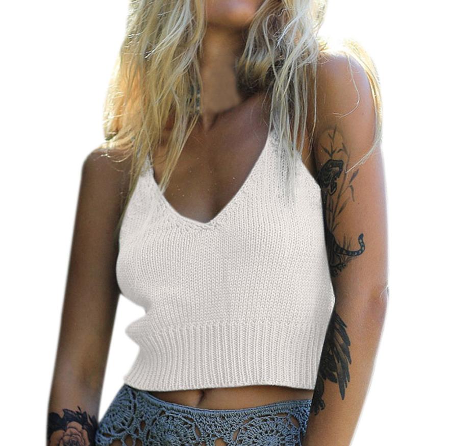 FEITONG Knitting Sexy Tank Tops Women Sleeveless V-Neck Camis Short Clothes