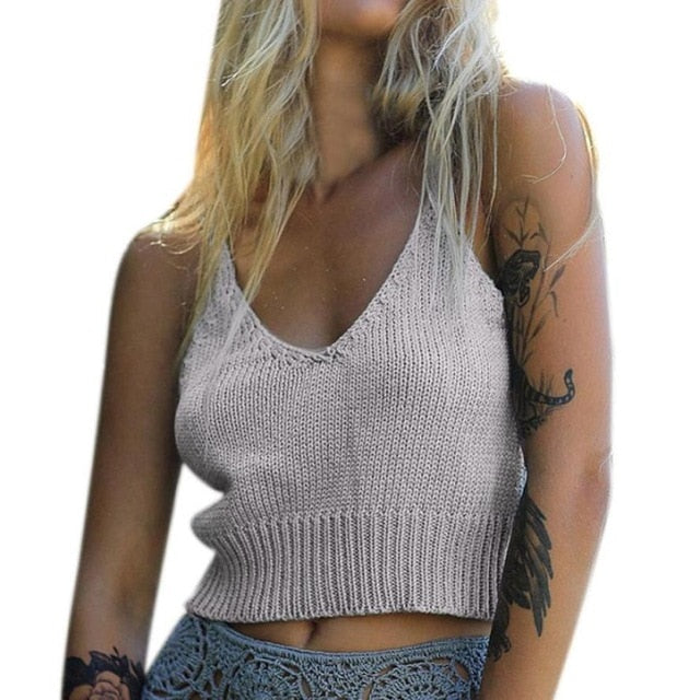 FEITONG Knitting Sexy Tank Tops Women Sleeveless V-Neck Camis Short Clothes
