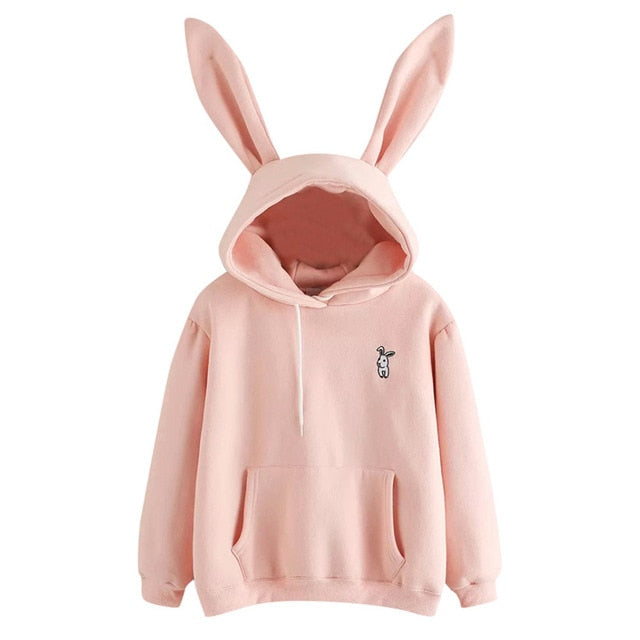 Free Shipping Hoodies Rabbit Ear sudadera kawaii Sweatshirt Women Winter Warm Pink Hoodies Sweatshirts With Front