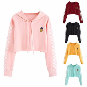 Womens Crop Tops Sweatshirt Pineapple Embroidery Gingham Plaid Hoodies