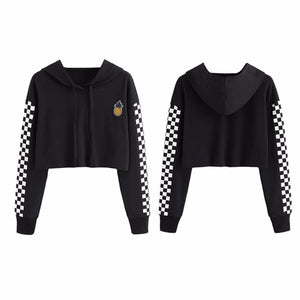 Womens Crop Tops Sweatshirt Pineapple Embroidery Gingham Plaid Hoodies