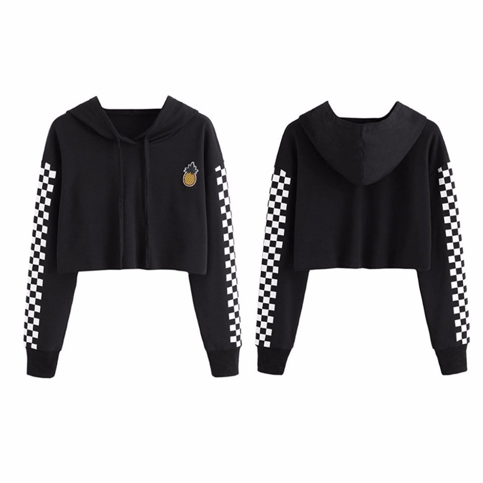 Womens Crop Tops Sweatshirt Pineapple Embroidery Gingham Plaid Hoodies