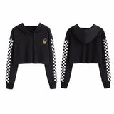 Womens Crop Tops Sweatshirt Pineapple Embroidery Gingham Plaid Hoodies