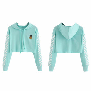 Womens Crop Tops Sweatshirt Pineapple Embroidery Gingham Plaid Hoodies