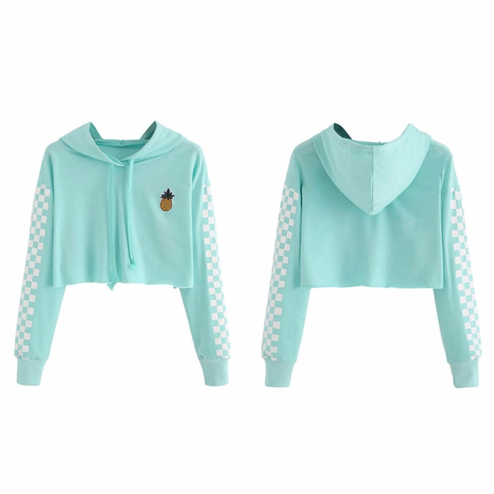 Womens Crop Tops Sweatshirt Pineapple Embroidery Gingham Plaid Hoodies