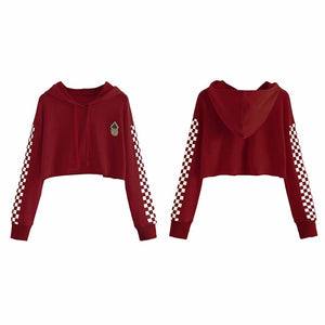 Womens Crop Tops Sweatshirt Pineapple Embroidery Gingham Plaid Hoodies