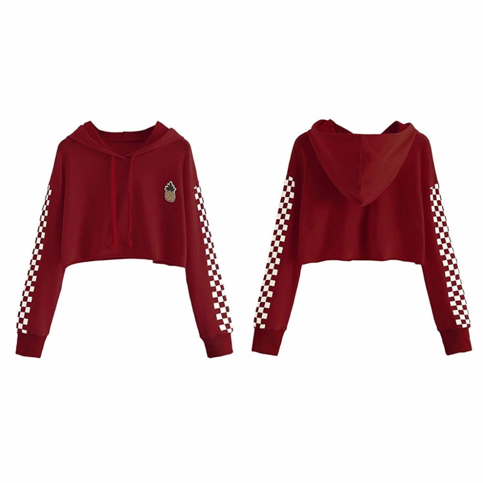 Womens Crop Tops Sweatshirt Pineapple Embroidery Gingham Plaid Hoodies