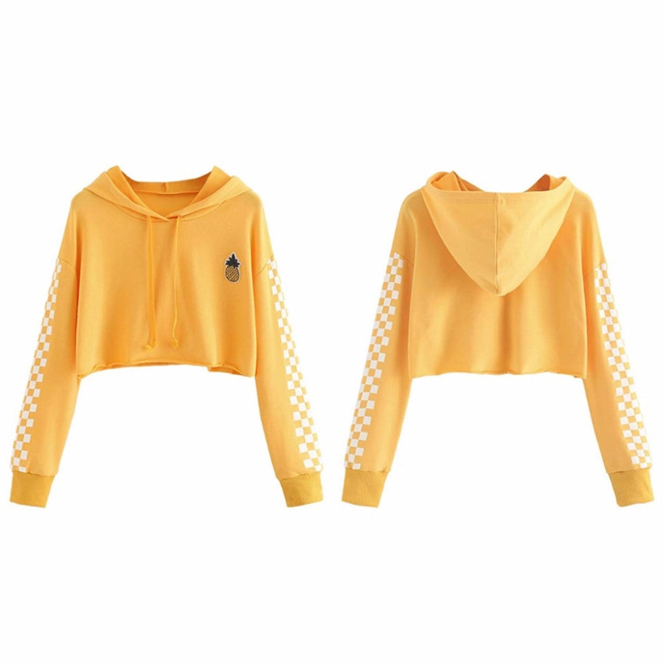 Womens Crop Tops Sweatshirt Pineapple Embroidery Gingham Plaid Hoodies