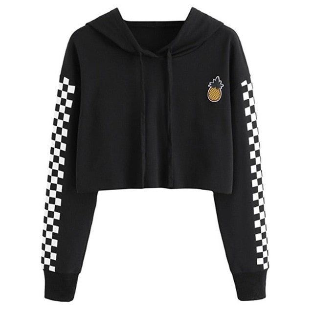 Womens Crop Tops Sweatshirt Pineapple Embroidery Gingham Plaid Hoodies
