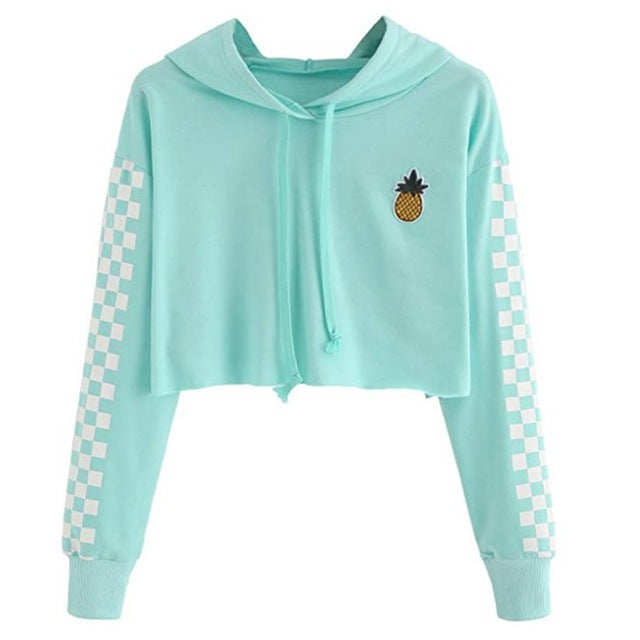 Womens Crop Tops Sweatshirt Pineapple Embroidery Gingham Plaid Hoodies