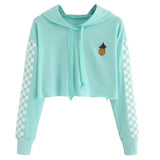 Womens Crop Tops Sweatshirt Pineapple Embroidery Gingham Plaid Hoodies