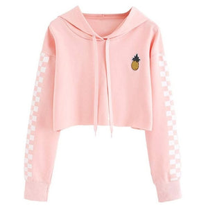 Womens Crop Tops Sweatshirt Pineapple Embroidery Gingham Plaid Hoodies
