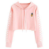 Womens Crop Tops Sweatshirt Pineapple Embroidery Gingham Plaid Hoodies