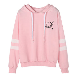 Hoodies Women Sweatshirt Casual Planet Print Striped Long Sleeve