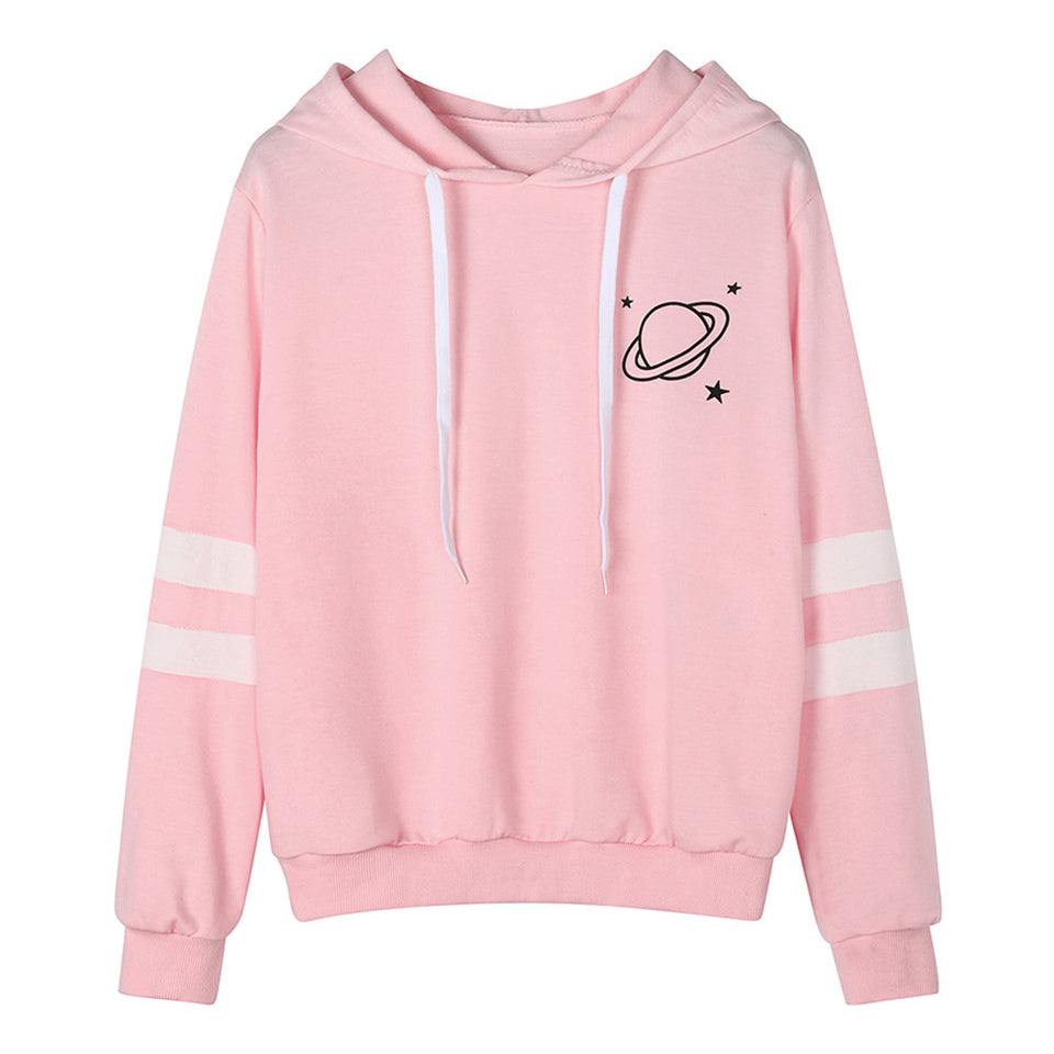 Hoodies Women Sweatshirt Casual Planet Print Striped Long Sleeve