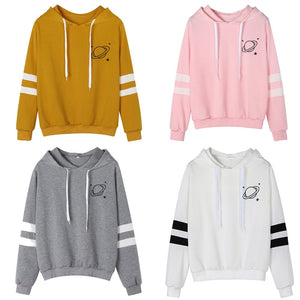 Hoodies Women Sweatshirt Casual Planet Print Striped Long Sleeve
