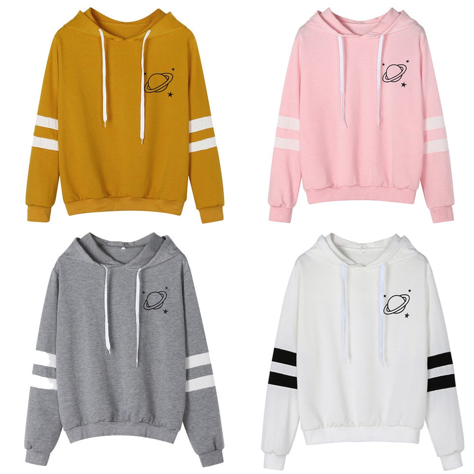 Hoodies Women Sweatshirt Casual Planet Print Striped Long Sleeve