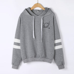 Hoodies Women Sweatshirt Casual Planet Print Striped Long Sleeve