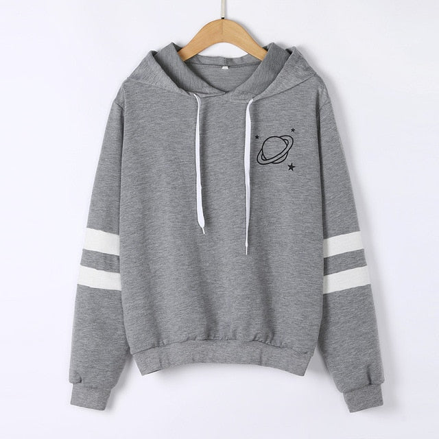 Hoodies Women Sweatshirt Casual Planet Print Striped Long Sleeve