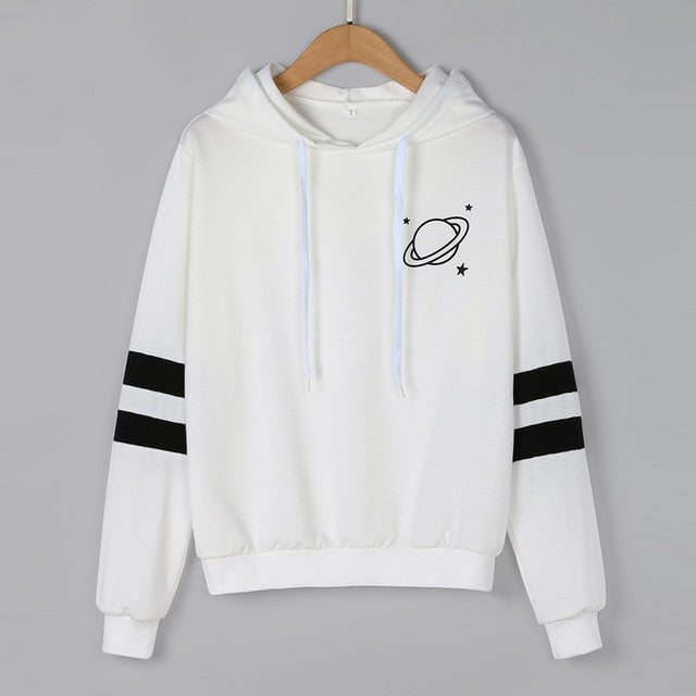 Hoodies Women Sweatshirt Casual Planet Print Striped Long Sleeve
