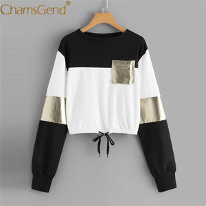 Newly Design Women Girls Blocking Cropped Top Draw-String Long Sleeve