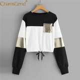 Newly Design Women Girls Blocking Cropped Top Draw-String Long Sleeve