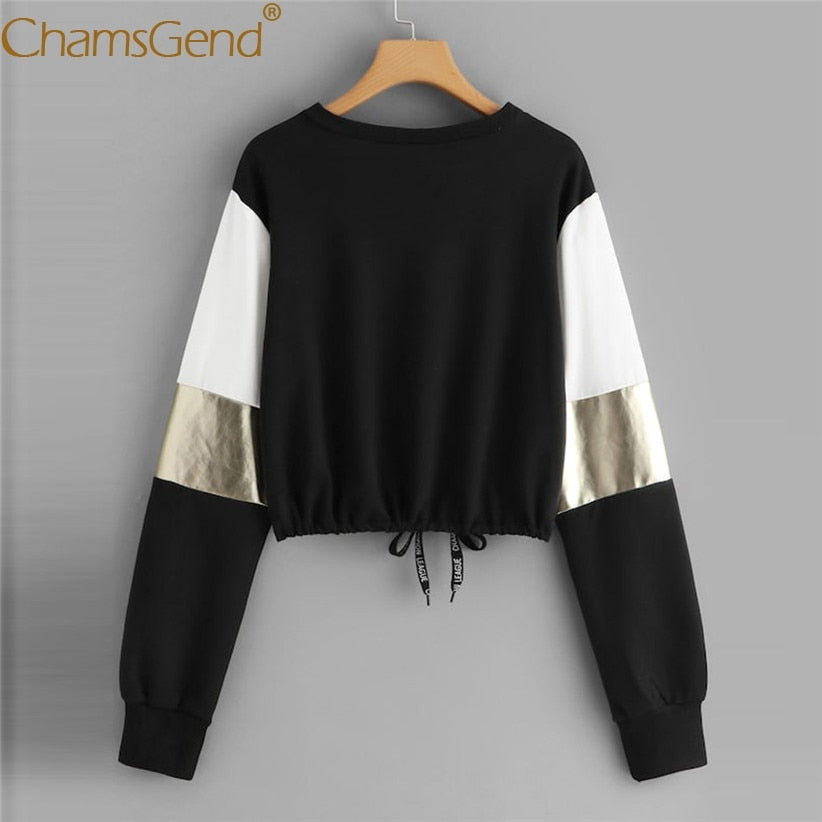 Newly Design Women Girls Blocking Cropped Top Draw-String Long Sleeve