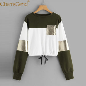 Newly Design Women Girls Blocking Cropped Top Draw-String Long Sleeve