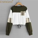 Newly Design Women Girls Blocking Cropped Top Draw-String Long Sleeve