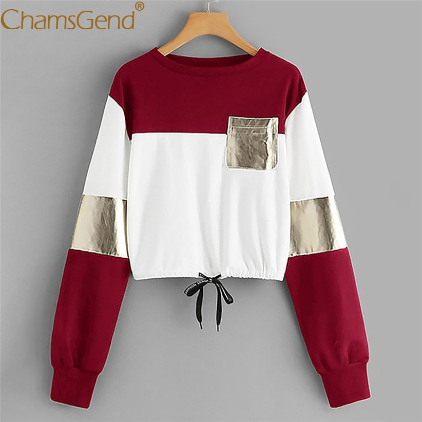 Newly Design Women Girls Blocking Cropped Top Draw-String Long Sleeve